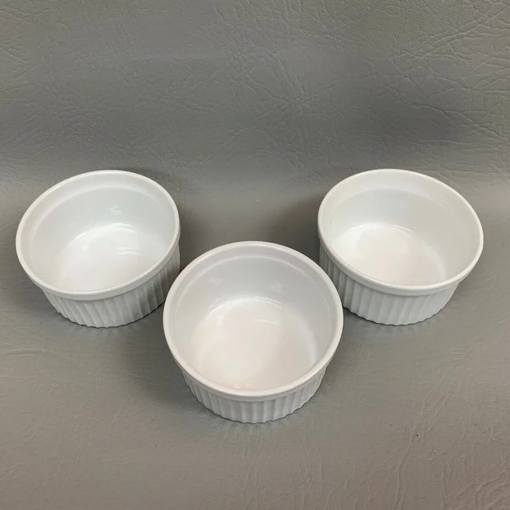 Ramekins White Dessert‎ Bowls Ribbed 3.5 across X 1.25 high Lot of 3